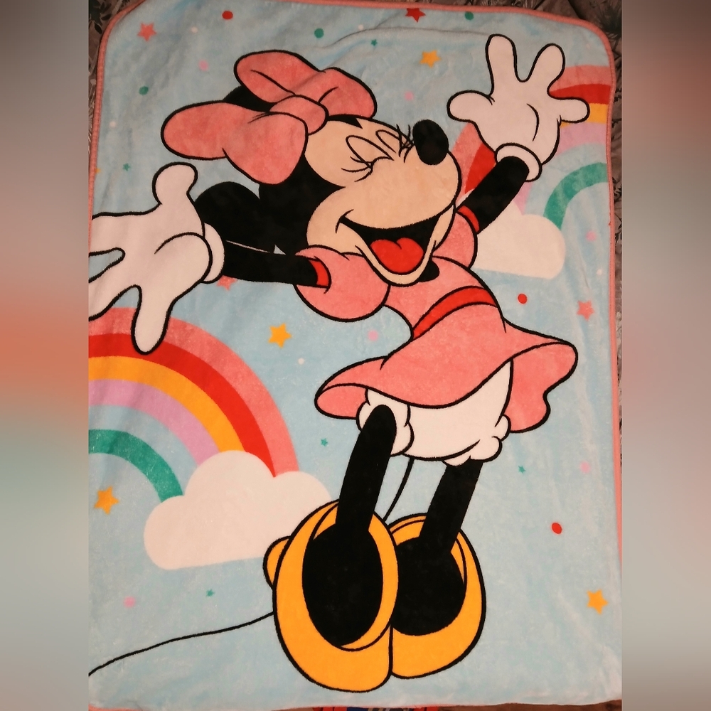 Disney Minnie Mouse Toddler Blanket Pink Blue Rainbow 35x50 Soft Fleece